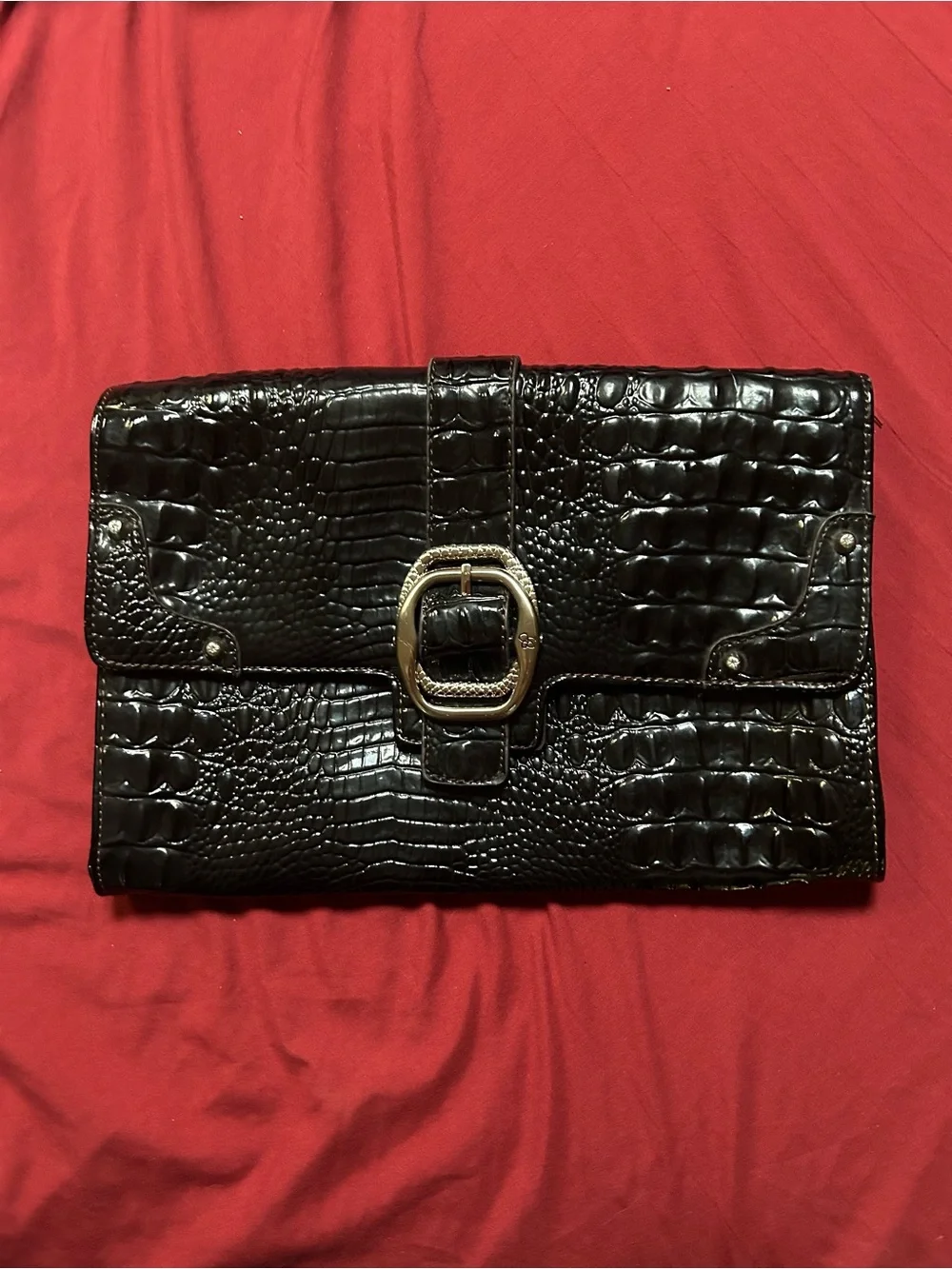 Jessica Simpson Black Croc-Embossed Clutch with Buckle Accent